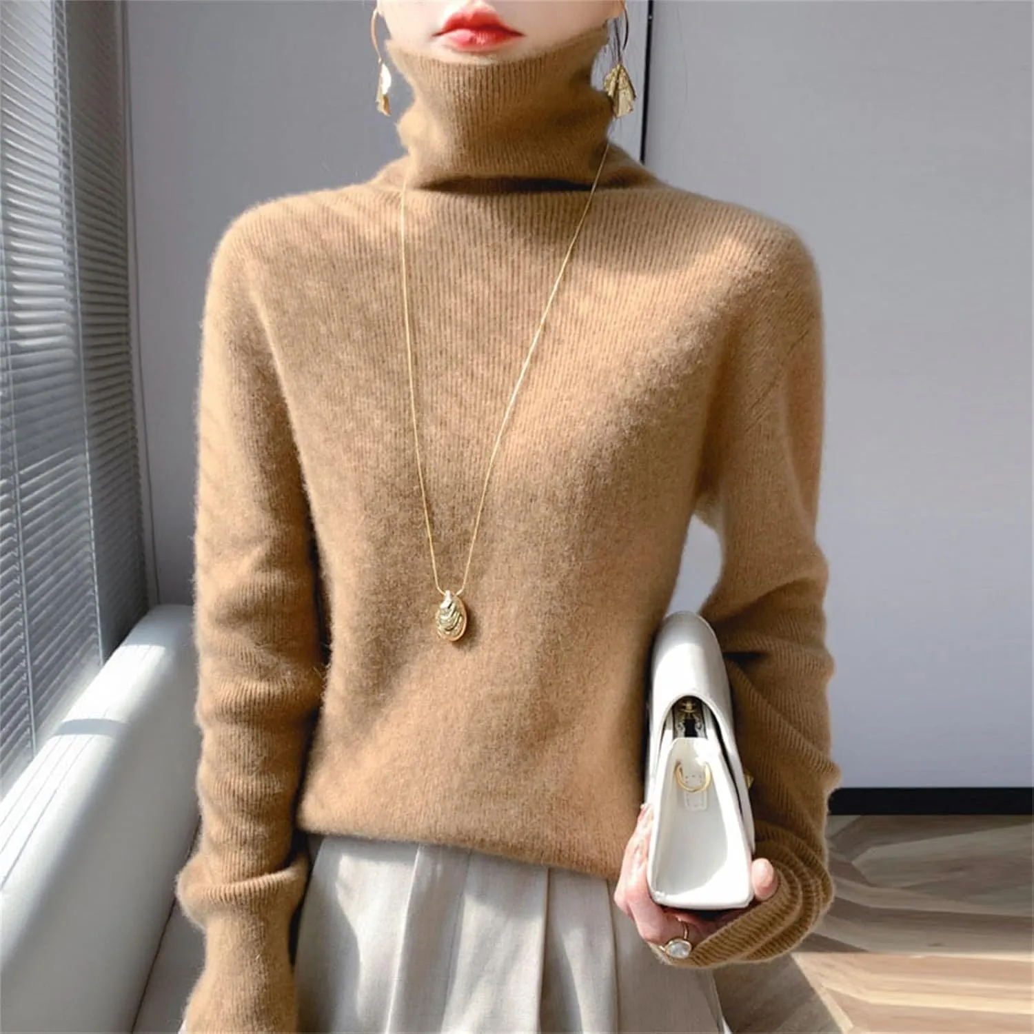 Womens Turtleneck Cashmere Sweater Long Sleeve Crewneck Knitted Pullover Casual Lightweight Y2k Dressy Sweaters Tops