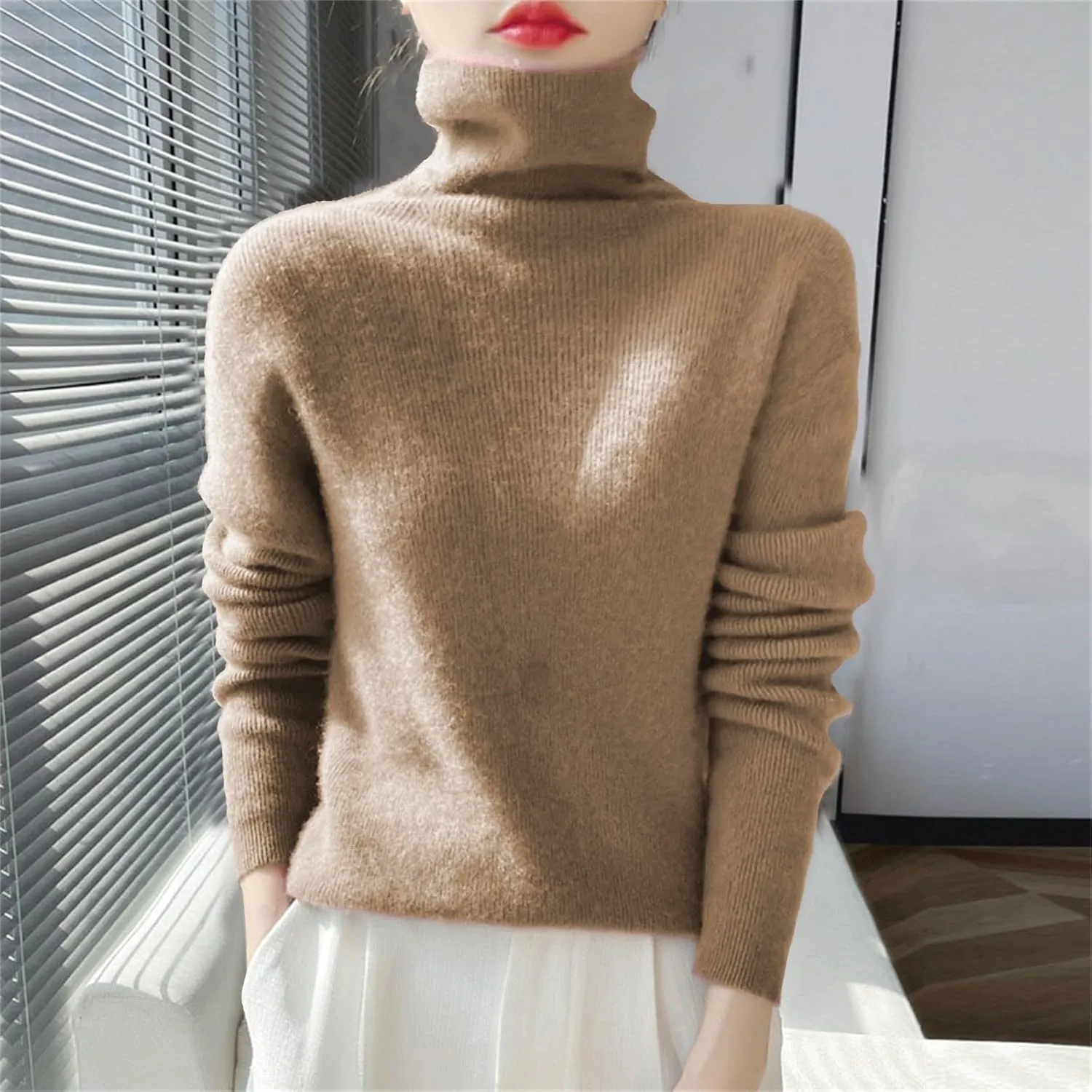Womens Turtleneck Cashmere Sweater Long Sleeve Crewneck Knitted Pullover Casual Lightweight Y2k Dressy Sweaters Tops