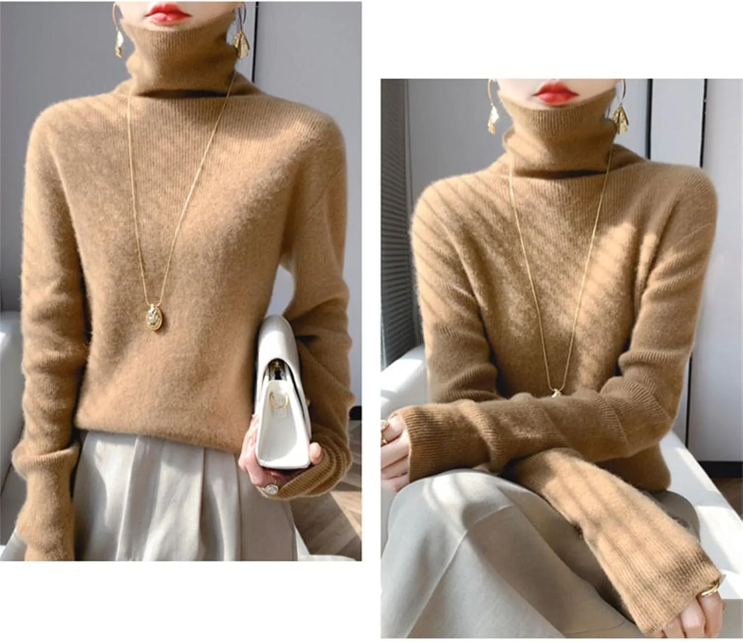 Womens Turtleneck Cashmere Sweater Long Sleeve Crewneck Knitted Pullover Casual Lightweight Y2k Dressy Sweaters Tops
