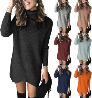 Womens Turtleneck Long Sleeve Pullover Sweater Dress Fall Winter Long Tunic Ribbed Knit Sweaters Warm Knitting Tops