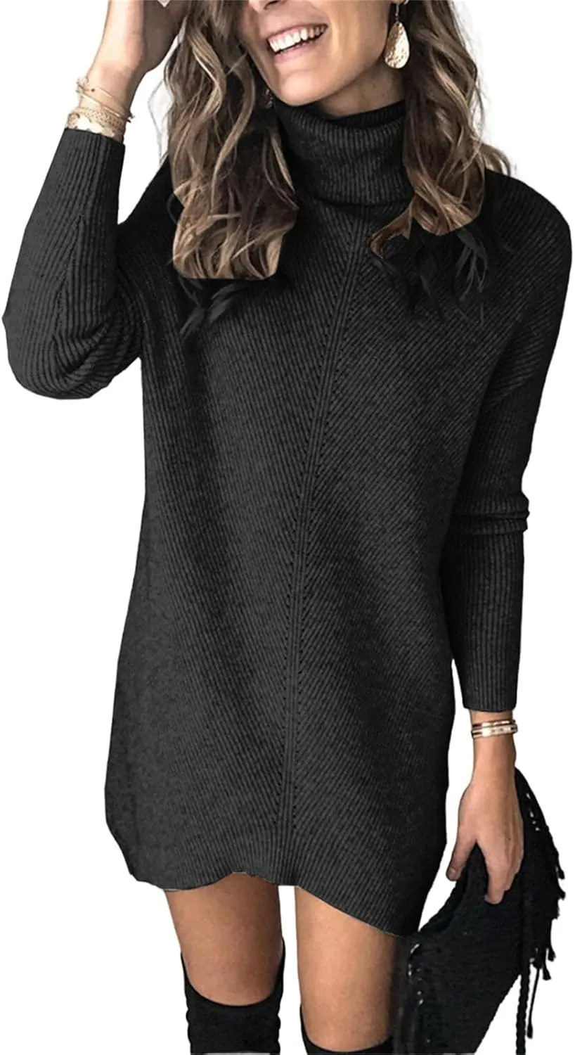 Womens Turtleneck Long Sleeve Pullover Sweater Dress Fall Winter Long Tunic Ribbed Knit Sweaters Warm Knitting Tops