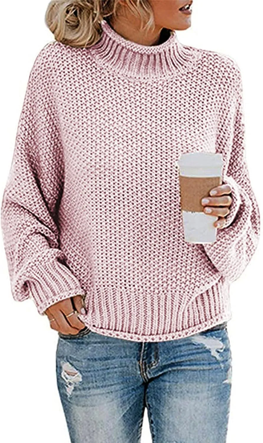 Womens Turtleneck Long Sleeve Sweater Solid Color Sweater Winter Trendy Sweater Loose Fitting Sweater Blouse