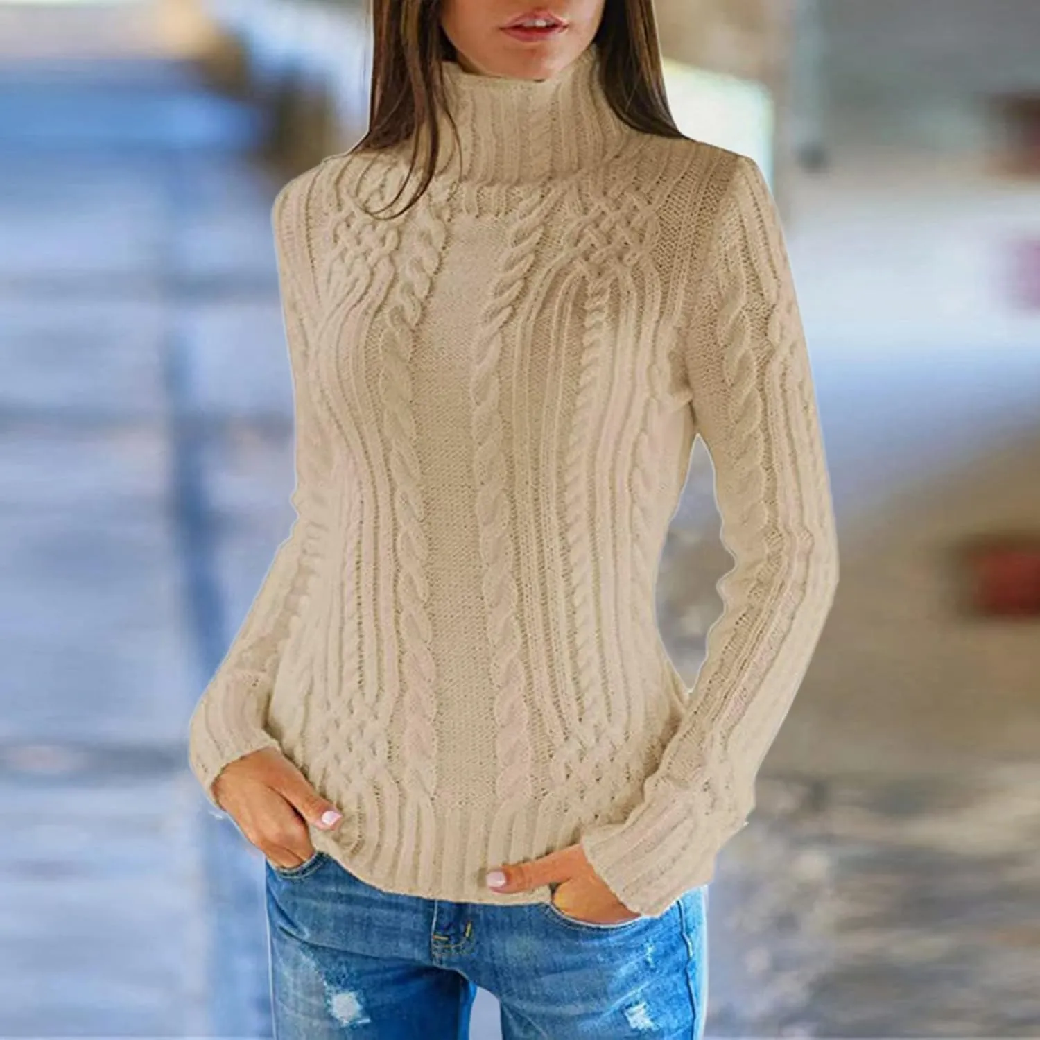 Womens Turtleneck Long Sleeve Sweaters 2024 Trendy Casual Pullover Tops Cable Ribbed Knit Sweater Fall Outfits