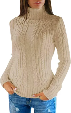 Womens Turtleneck Long Sleeve Sweaters 2024 Trendy Casual Pullover Tops Cable Ribbed Knit Sweater Fall Outfits