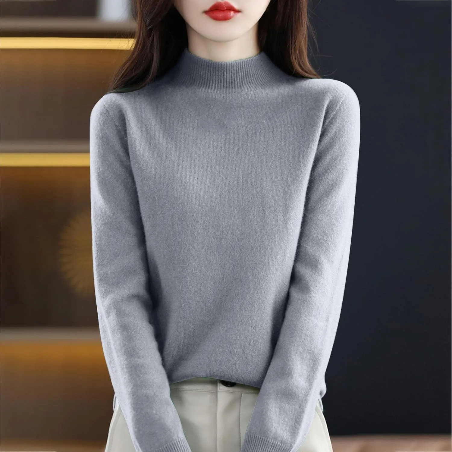 Womens Turtleneck Oversized Sweater Women's Autumn and Winter Short Pullover Solid Color Loose Sweater Thickened
