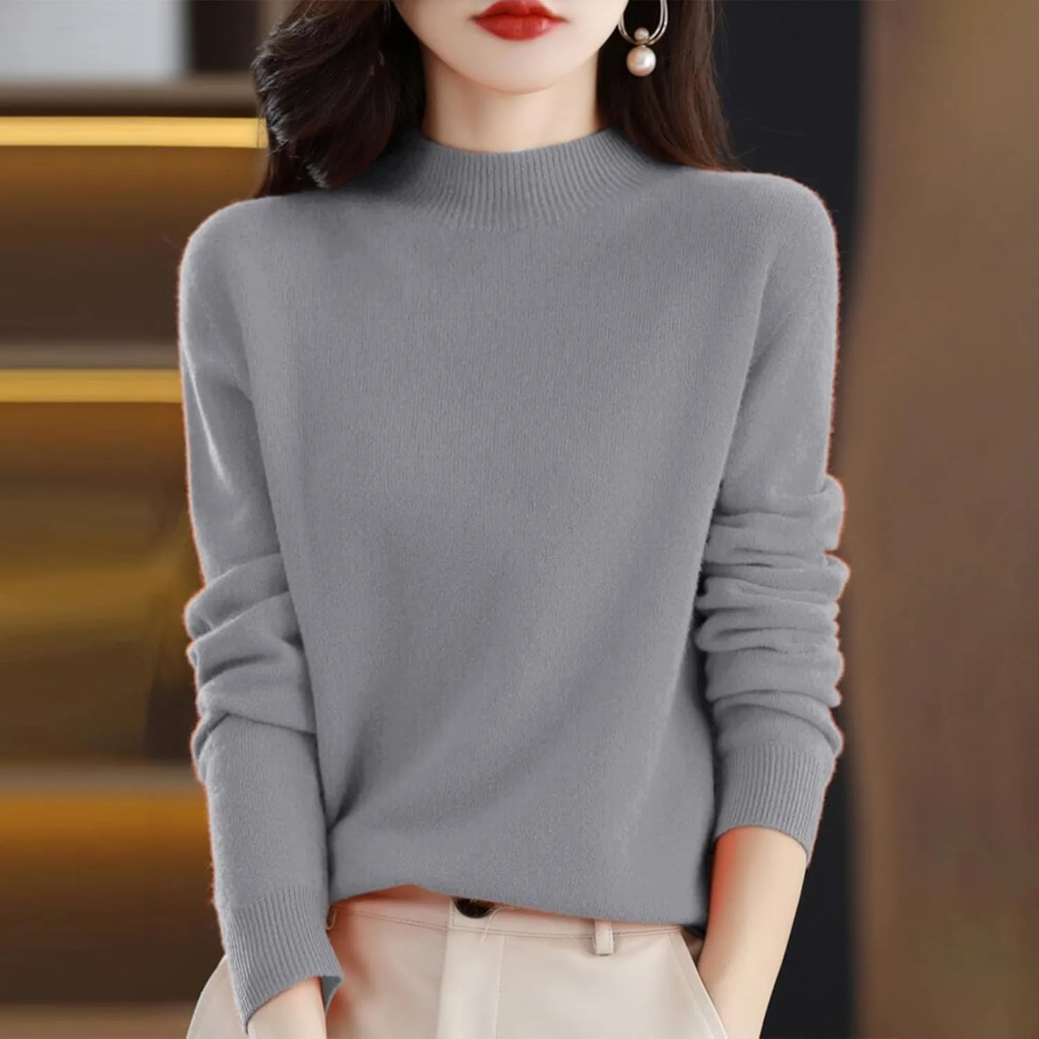 Womens Turtleneck Oversized Sweater Women's Autumn and Winter Short Pullover Solid Color Loose Sweater Thickened