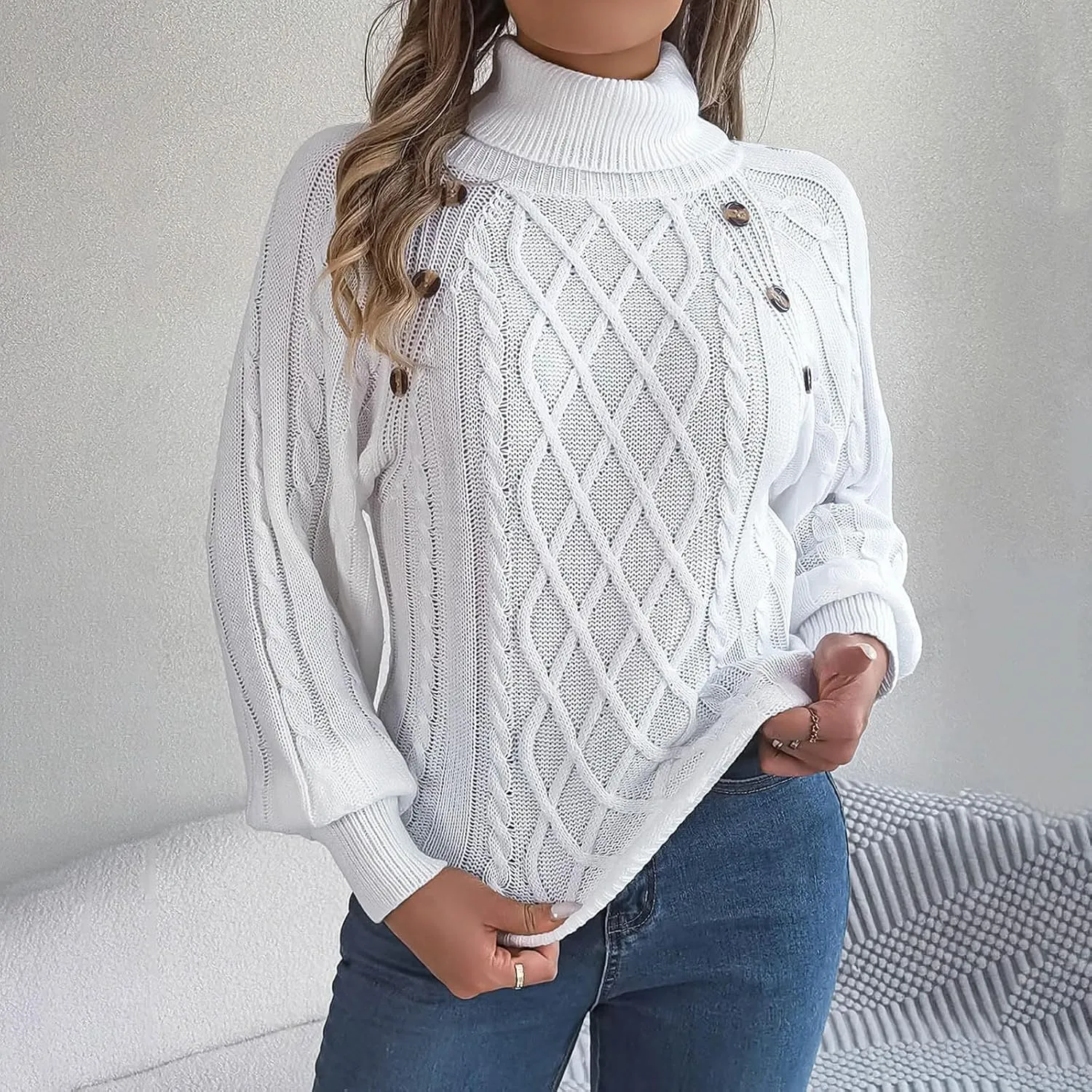 Womens Turtleneck Oversized Sweaters Batwing Long Sleeve Pullover Sweater Loose Chunky Ribbed Knit Jumpers Top