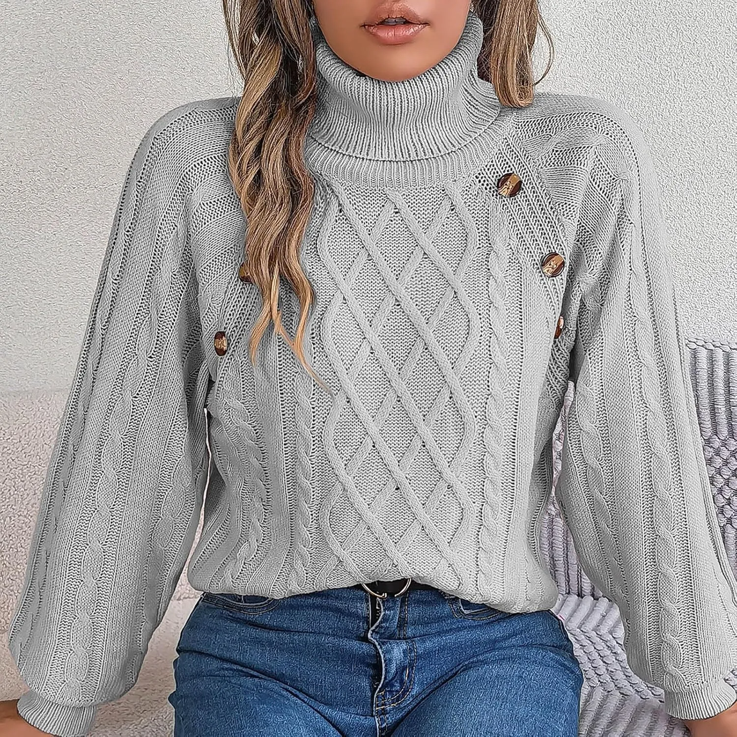 Womens Turtleneck Oversized Sweaters Batwing Long Sleeve Pullover Sweater Loose Chunky Ribbed Knit Jumpers Top