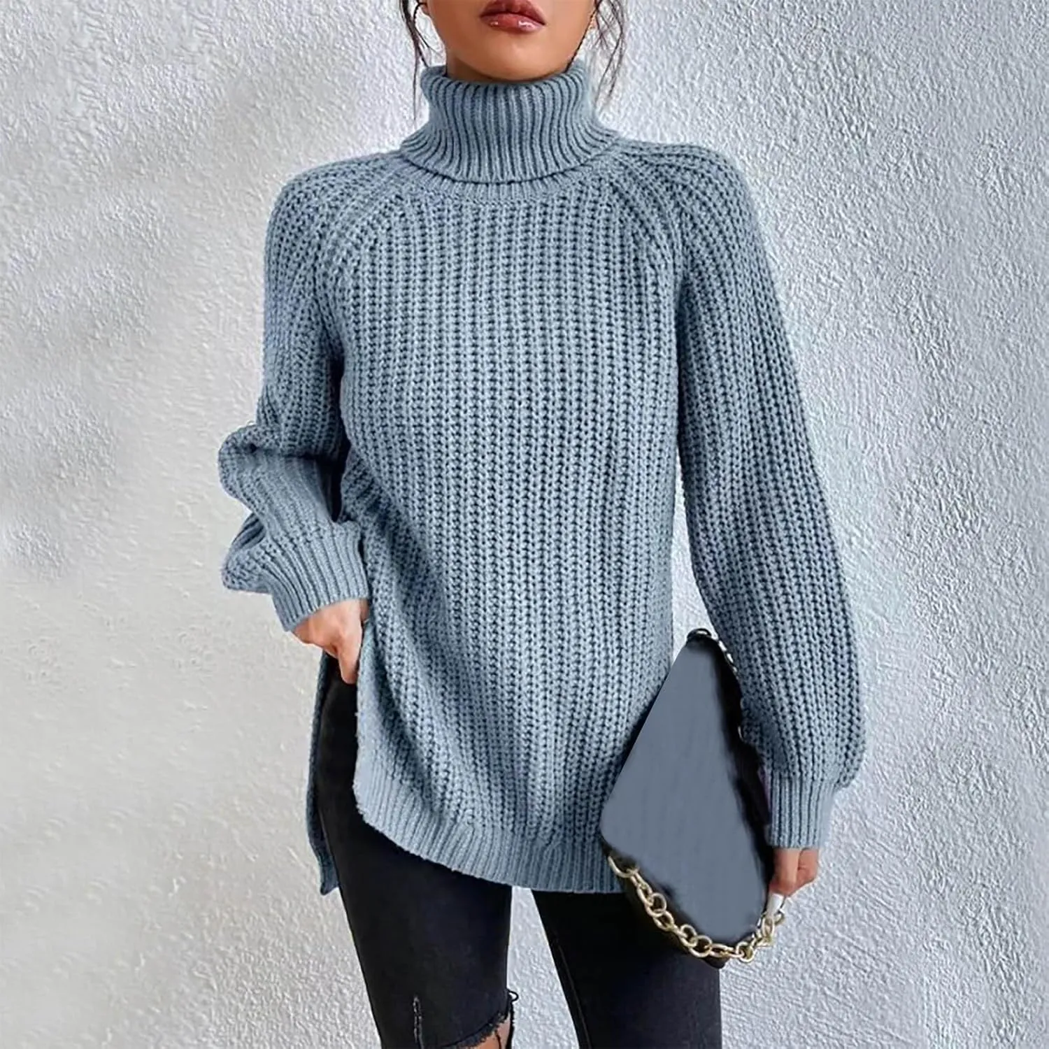 Women's Turtleneck Oversized Sweaters Casual Long Sleeve Ribbed Knitted Jumper Tops Cozy Warm Pullover Sweater