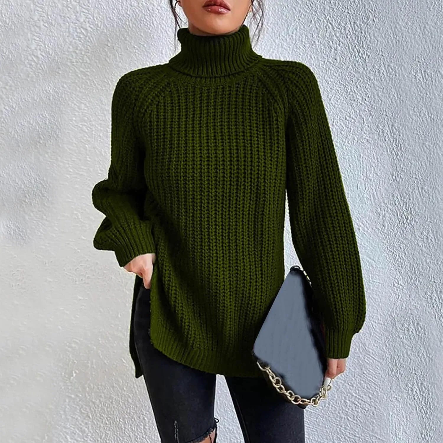 Women's Turtleneck Oversized Sweaters Casual Long Sleeve Ribbed Knitted Jumper Tops Cozy Warm Pullover Sweater