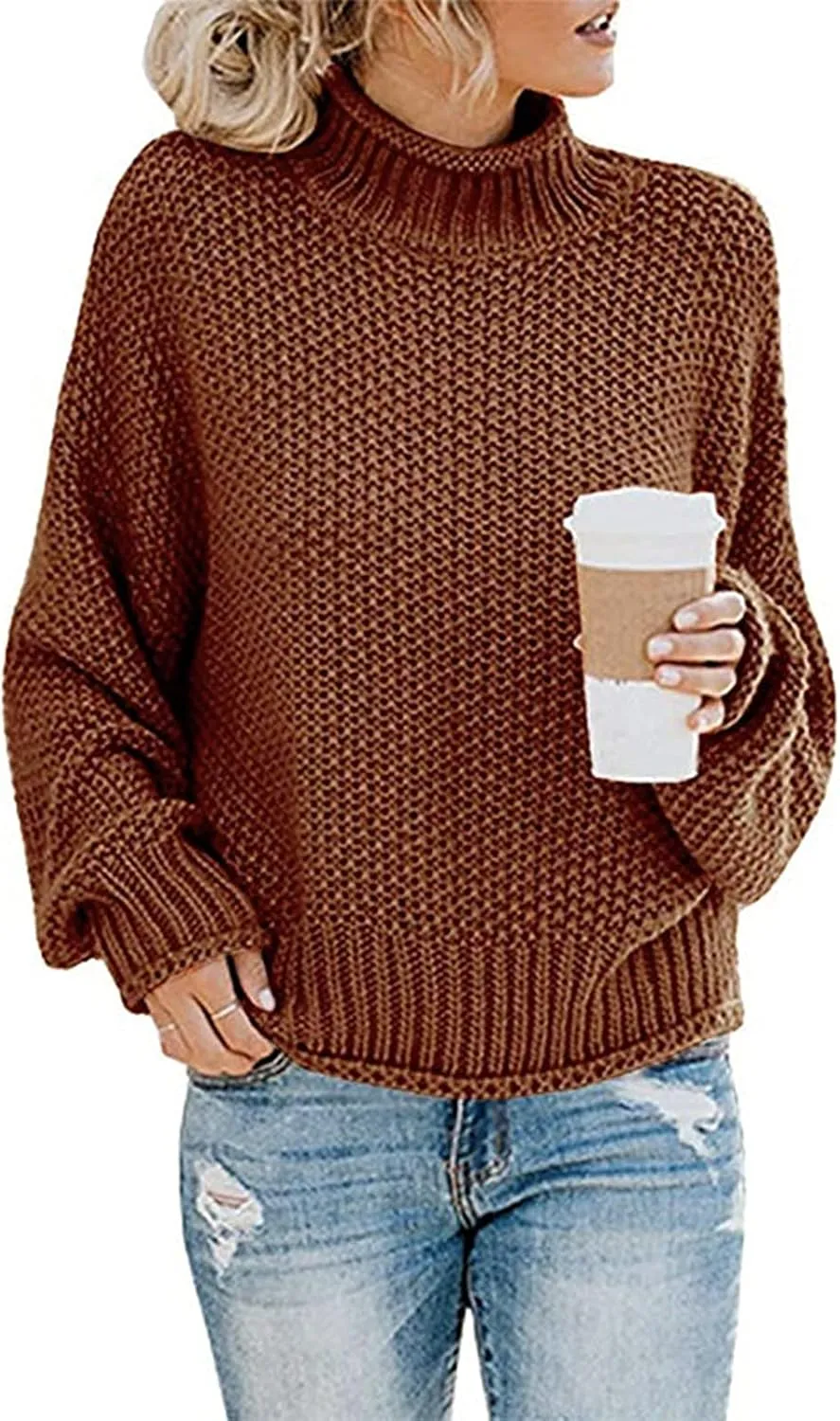 Womens Turtleneck Oversized Sweaters Chunky Knit Warm Comfy Pullovers Batwing Long Sleeve Loose Casual Jumper Tops