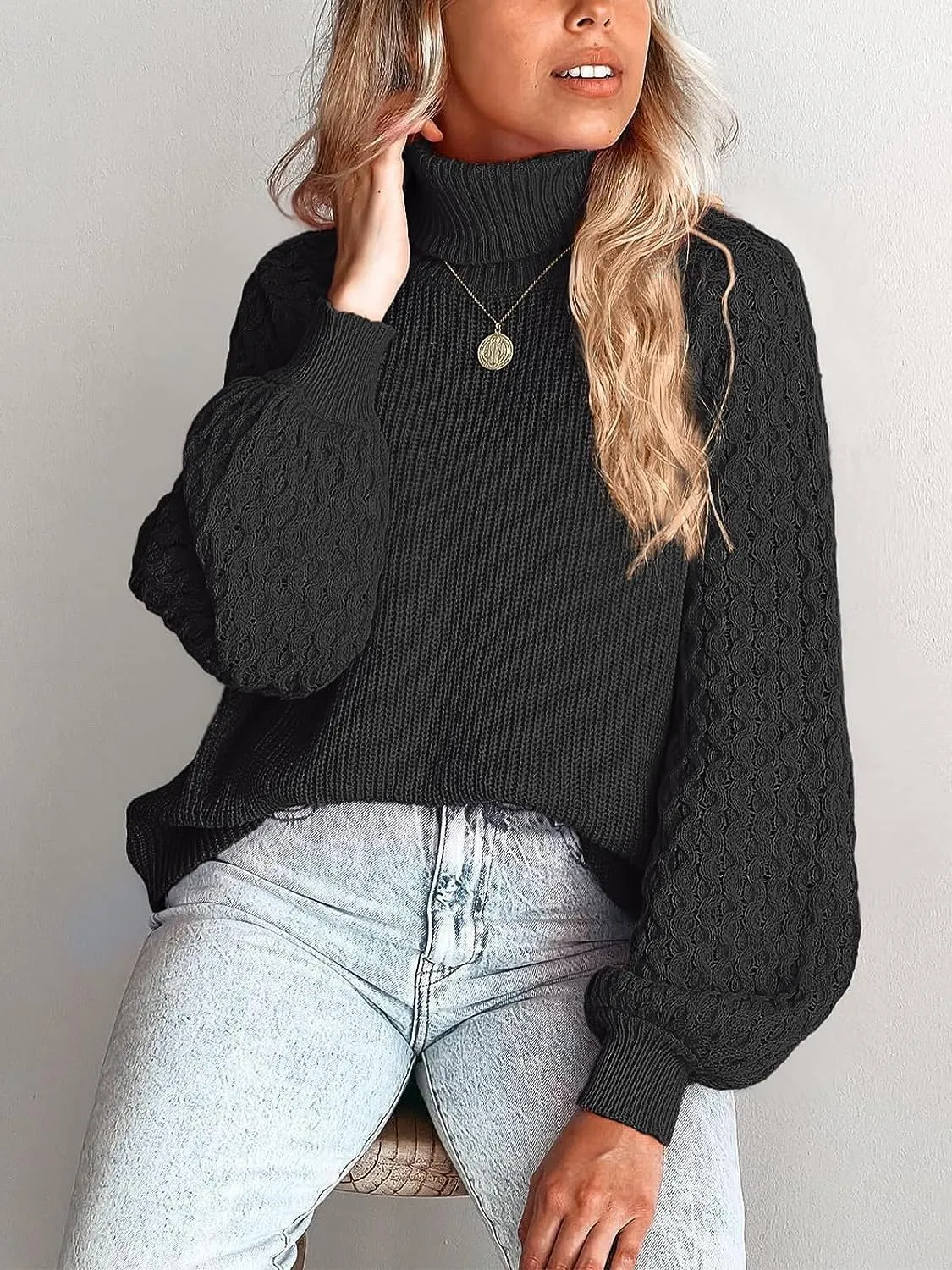 Women's Turtleneck Ribbed Cable Knit Pullover Sweaters Lantern Sleeve Oversized Solid Sweatshirt Warm Casual Tops