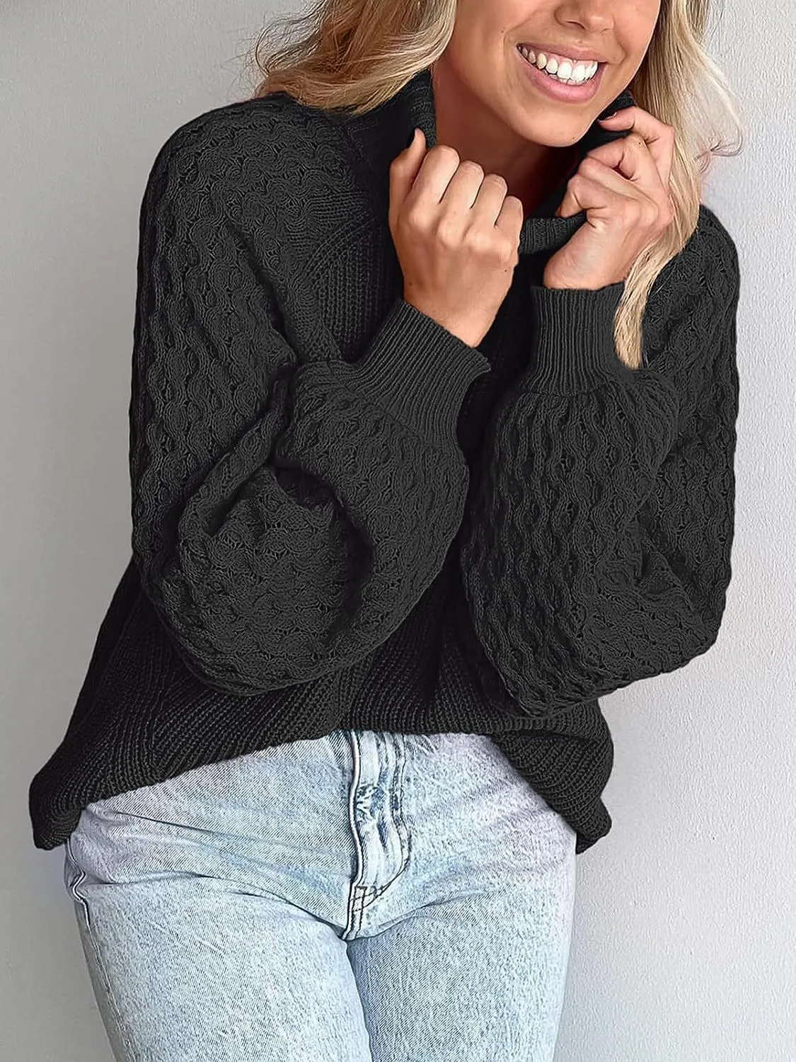 Women's Turtleneck Ribbed Cable Knit Pullover Sweaters Lantern Sleeve Oversized Solid Sweatshirt Warm Casual Tops