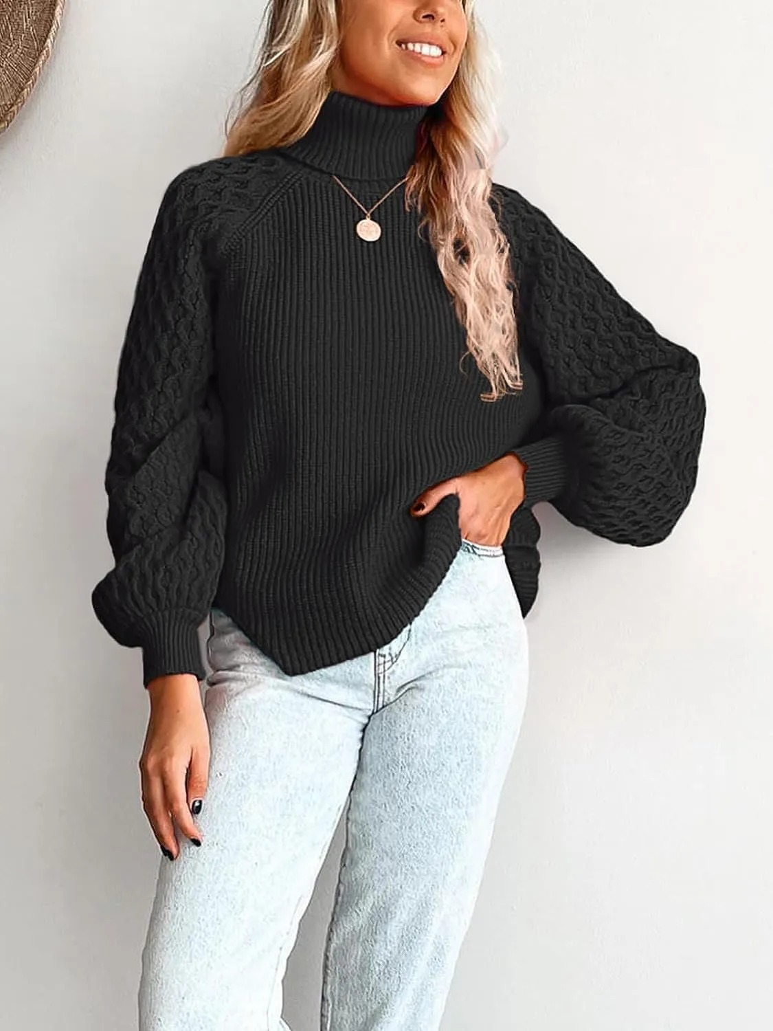 Women's Turtleneck Ribbed Cable Knit Pullover Sweaters Lantern Sleeve Oversized Solid Sweatshirt Warm Casual Tops