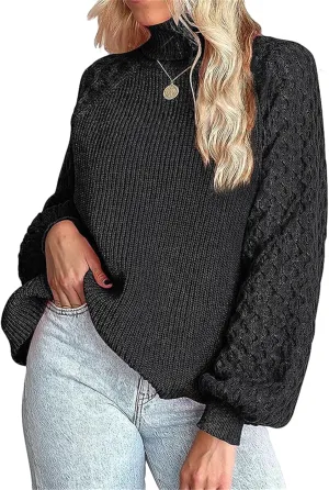 Women's Turtleneck Ribbed Cable Knit Pullover Sweaters Lantern Sleeve Oversized Solid Sweatshirt Warm Casual Tops