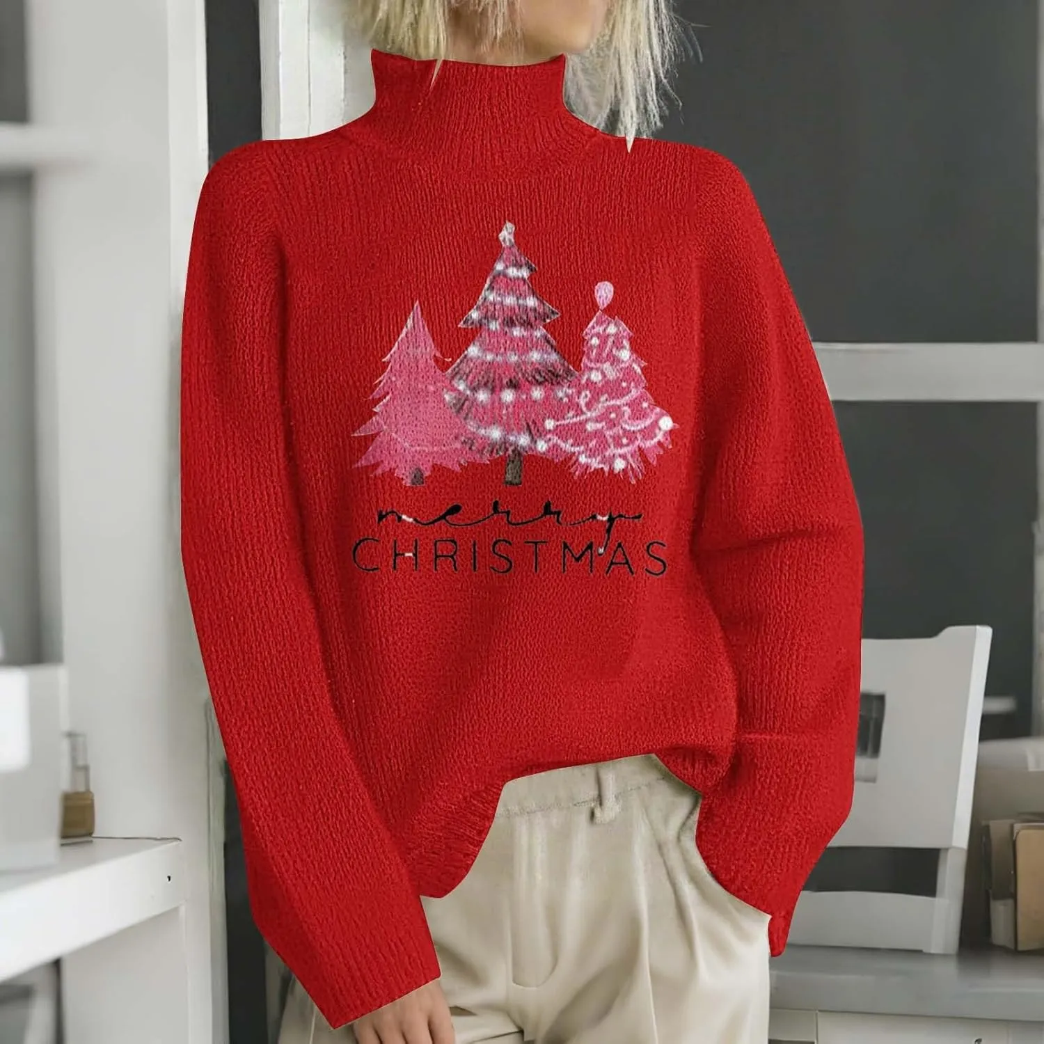 Womens Turtleneck Sweater 2024 Trendy Clothes Oversized Knitted Pullover Casual Trendy Basic Loose Daily Jumper Top