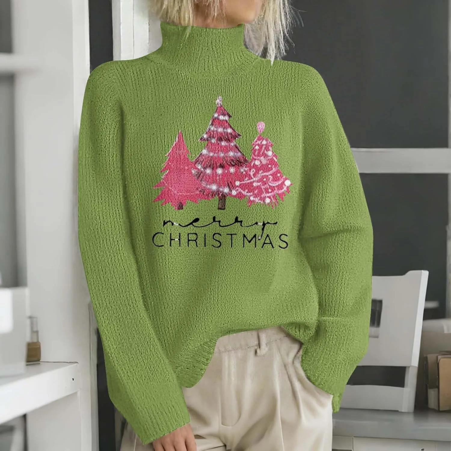 Womens Turtleneck Sweater 2024 Trendy Clothes Oversized Knitted Pullover Casual Trendy Basic Loose Daily Jumper Top