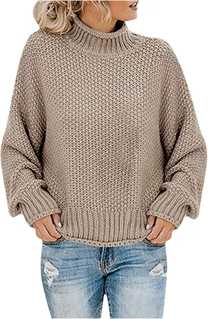 Womens Turtleneck Sweater Long Sleeve Knitted Sweater Winter Fashion Sweaters Casual Oversized Sweater Blouse