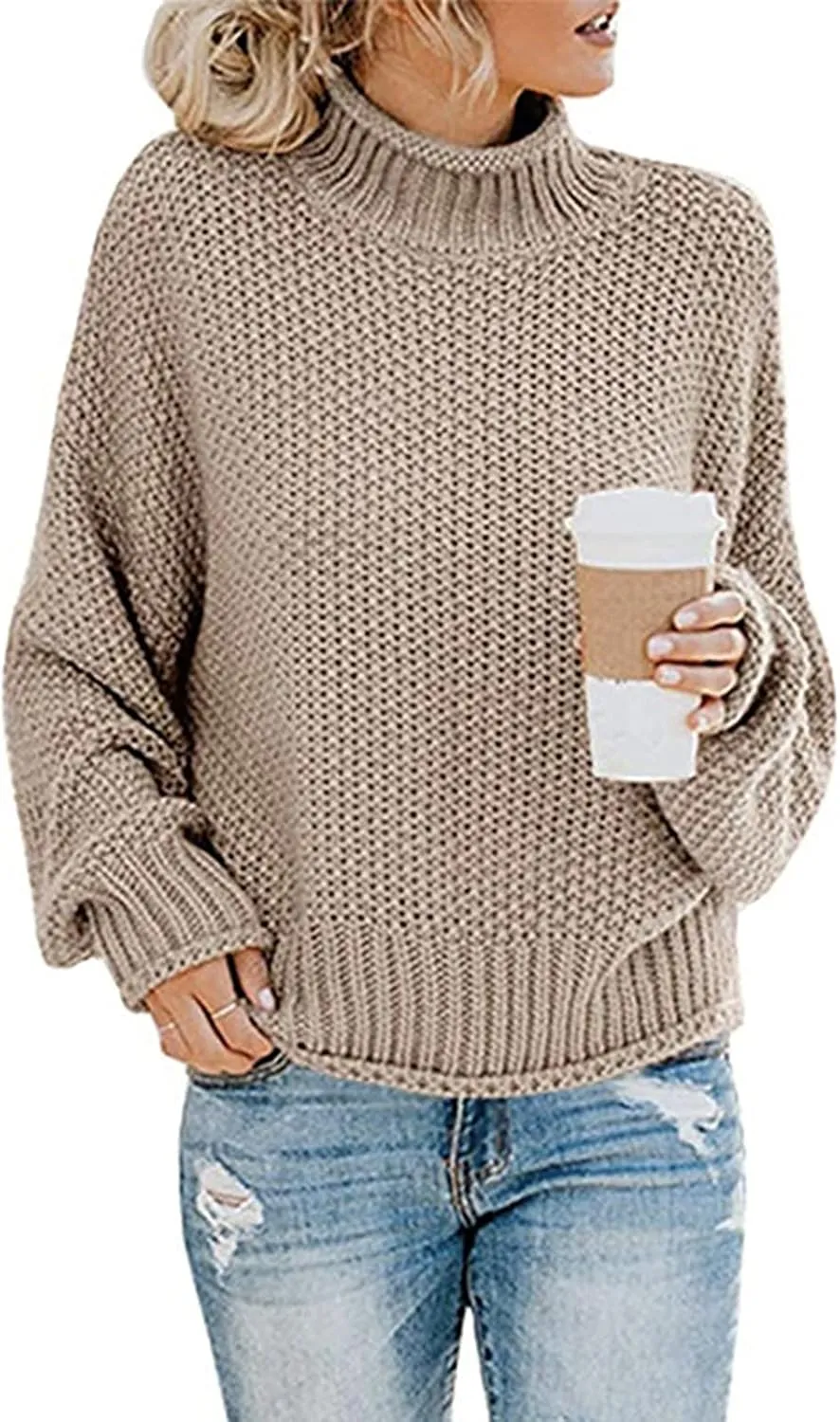 Womens Turtleneck Sweater Long Sleeve Knitted Sweater Winter Fashion Sweaters Casual Oversized Sweater Blouse