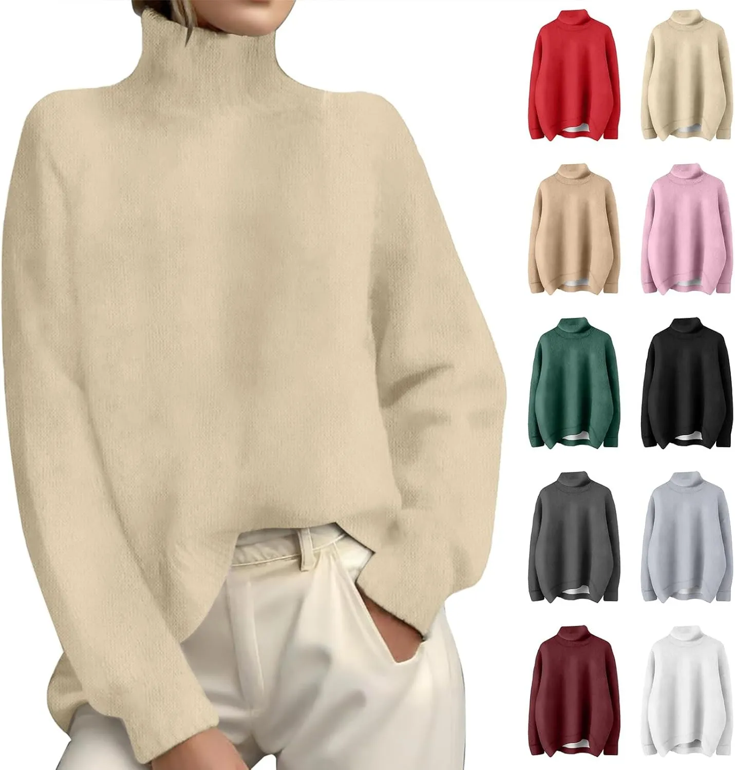 Womens Turtleneck Sweater Oversized Long Sleeve Ribbed Turtle Neck Blouse Fall Winter Basic Layering Knit Top