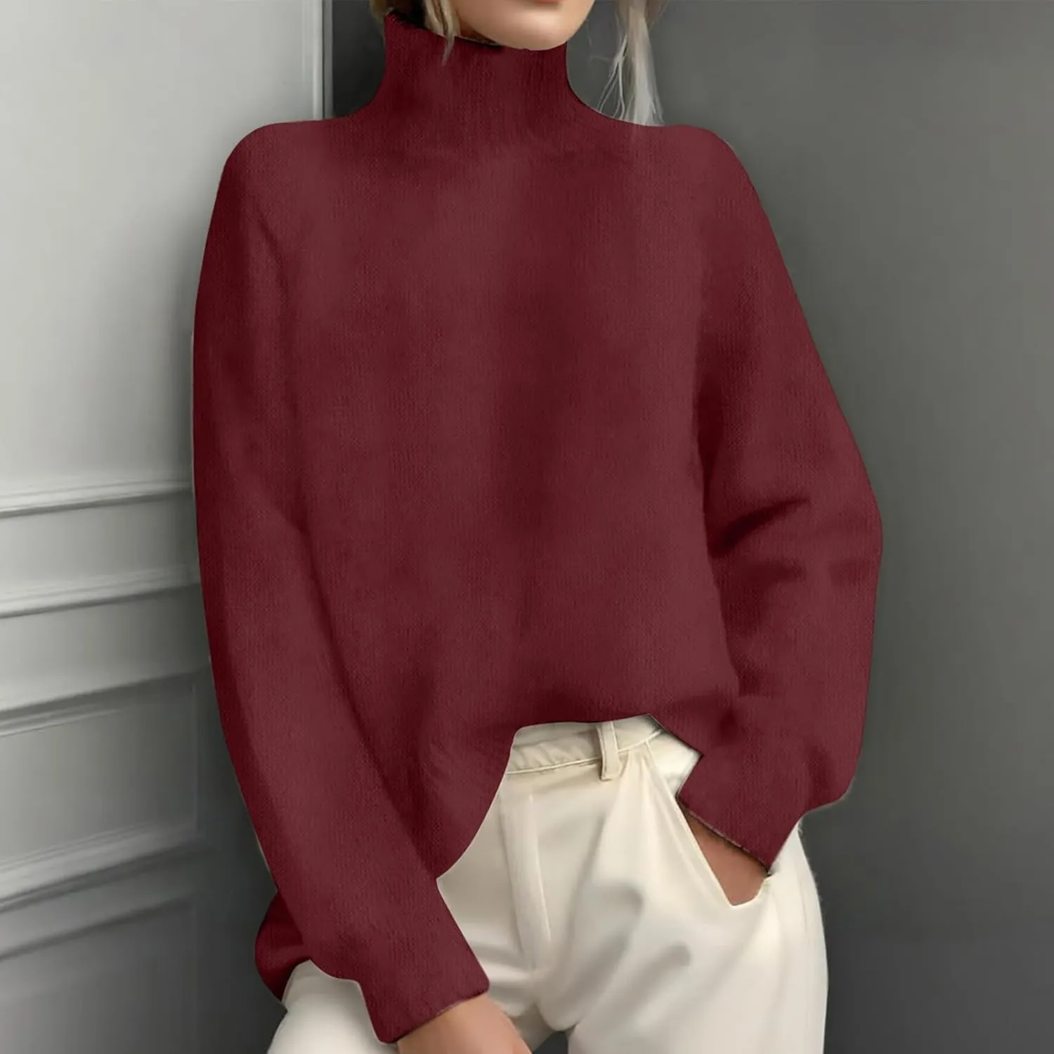 Womens Turtleneck Sweater Oversized Long Sleeve Ribbed Turtle Neck Blouse Fall Winter Basic Layering Knit Top