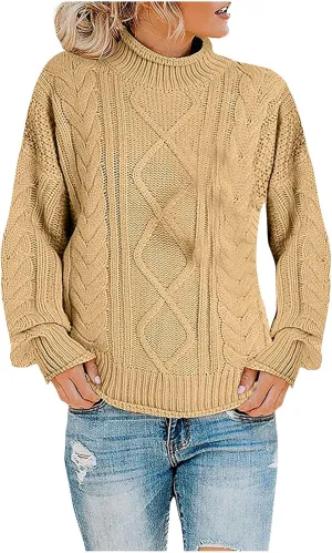 Women's Turtleneck Sweater Oversized Pullover Long Sleeve Chunky Knit Loose Casual Fall Sweaters Tops Knitwear Clothes