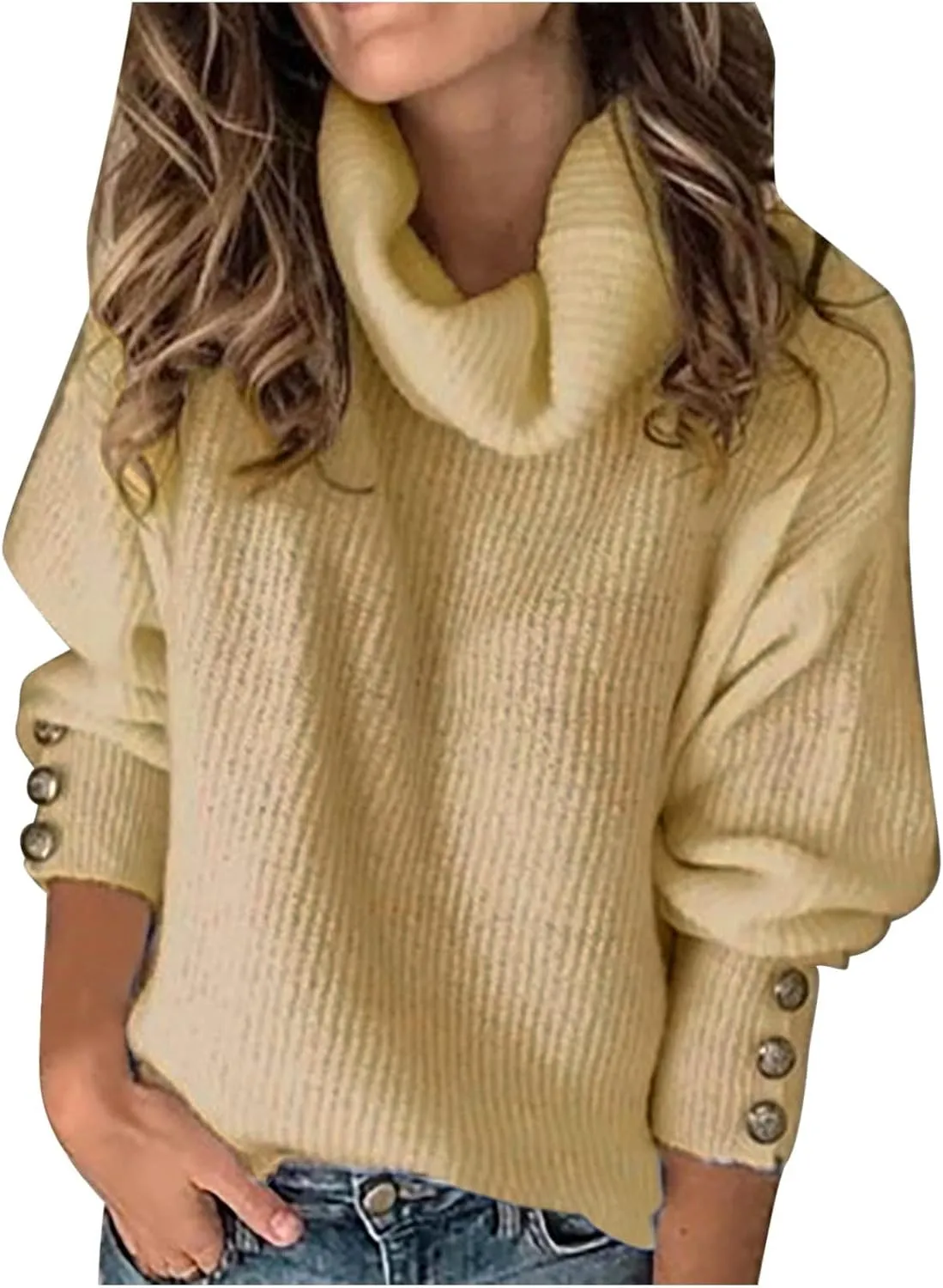 Womens Turtleneck Sweaters Long Sleeve Solid Color Sweater Fashion Sweaters 2024 Trendy Chunky Knit Sweater Blouse