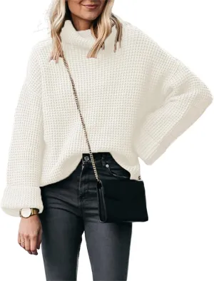 Women's Turtleneck Sweaters Oversized Lightweight Long Sleeve Pullover Loose Fit Chunky Knit Jumper Waffle Tops