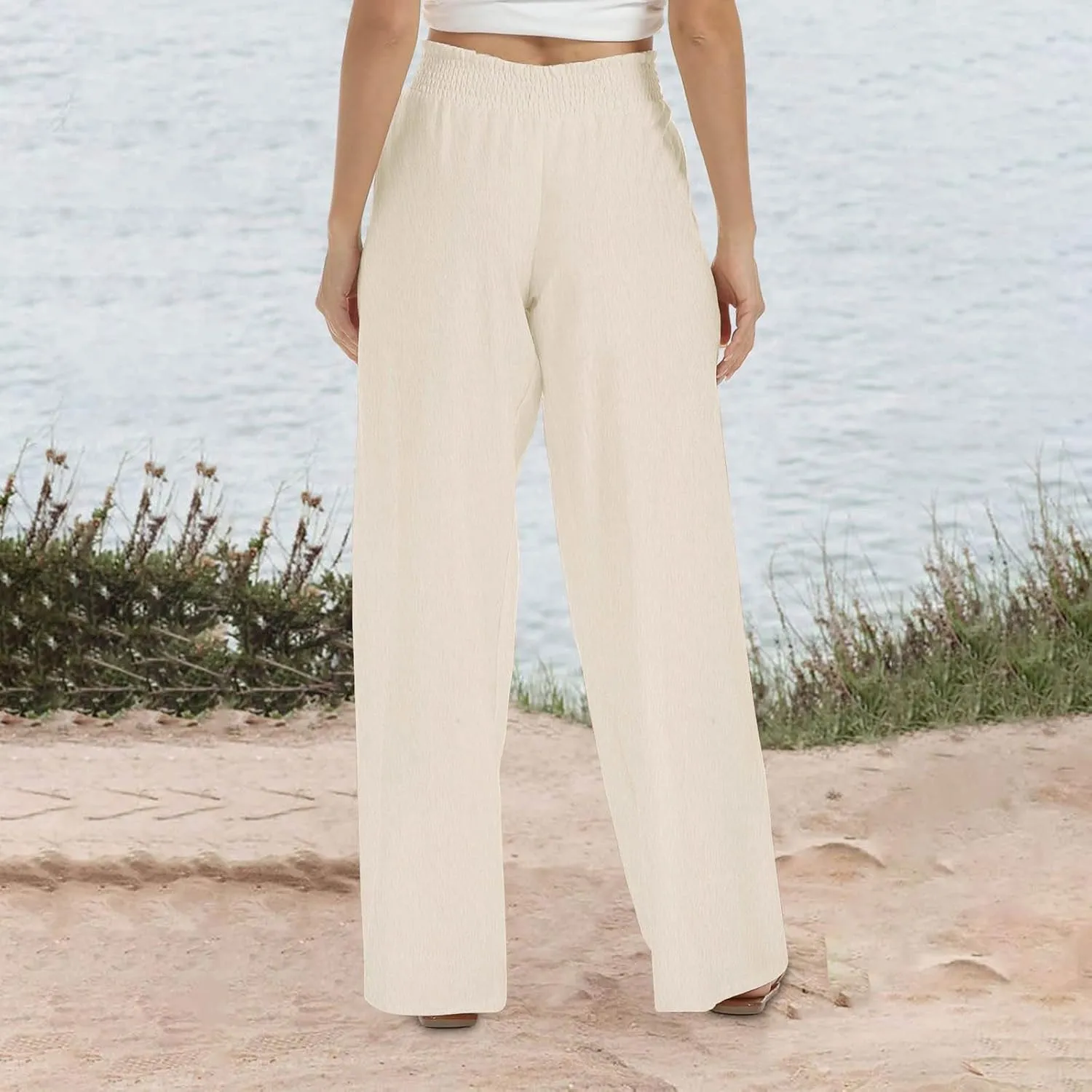 Womens Wide Leg Pants Casual Summer Cotton Linen Pants High Elastic Waist Palazzo Pants Flowy Lounge Beach Pants