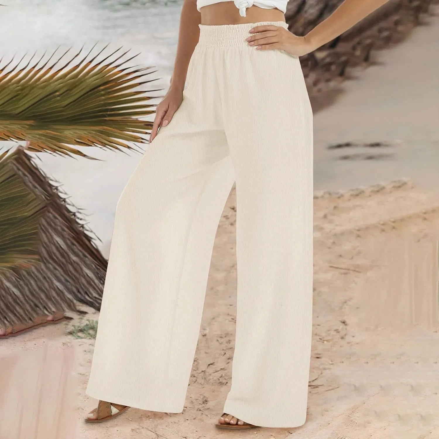 Womens Wide Leg Pants Casual Summer Cotton Linen Pants High Elastic Waist Palazzo Pants Flowy Lounge Beach Pants