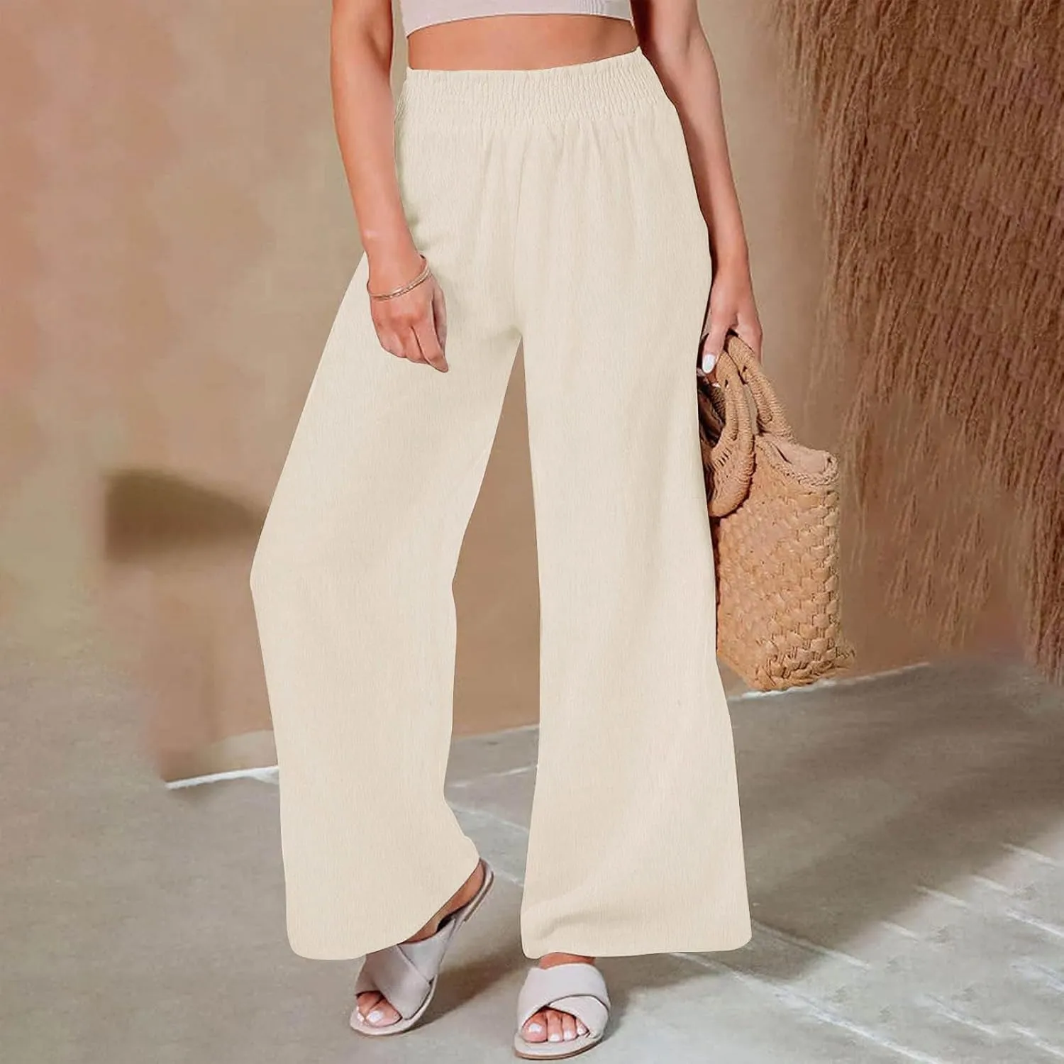 Womens Wide Leg Pants Casual Summer Cotton Linen Pants High Elastic Waist Palazzo Pants Flowy Lounge Beach Pants