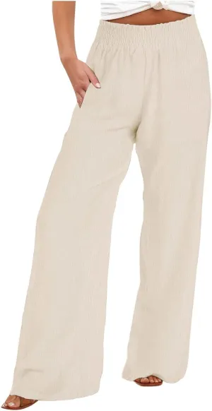 Womens Wide Leg Pants Casual Summer Cotton Linen Pants High Elastic Waist Palazzo Pants Flowy Lounge Beach Pants