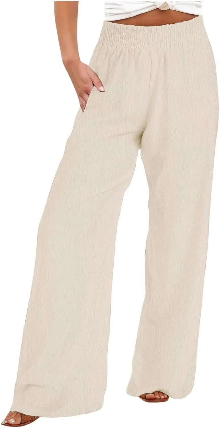 Womens Wide Leg Pants Casual Summer Cotton Linen Pants High Elastic Waist Palazzo Pants Flowy Lounge Beach Pants