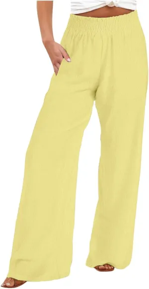 Womens Wide Leg Pants Casual Summer Cotton Linen Pants High Elastic Waist Palazzo Pants Flowy Lounge Beach Pants