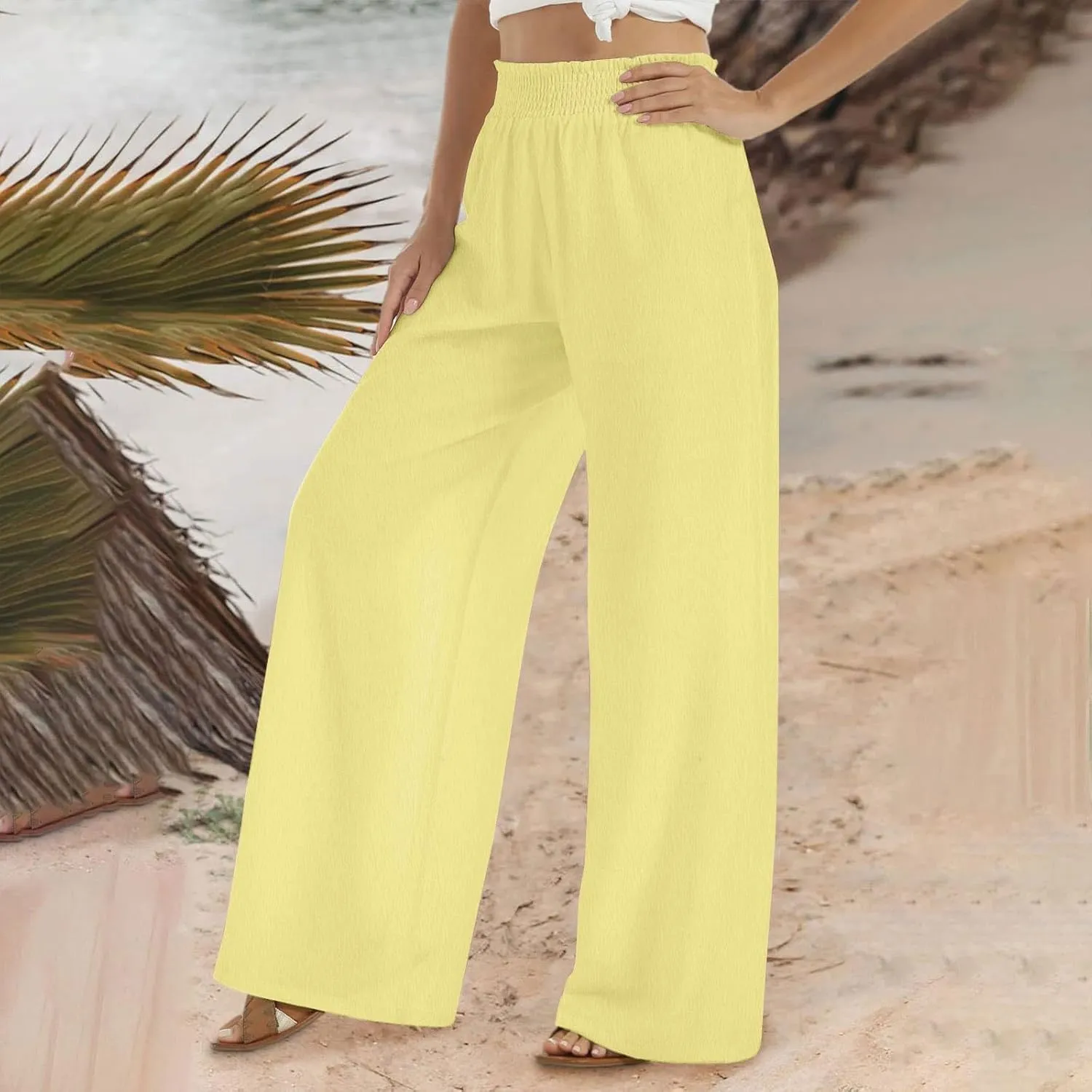 Womens Wide Leg Pants Casual Summer Cotton Linen Pants High Elastic Waist Palazzo Pants Flowy Lounge Beach Pants