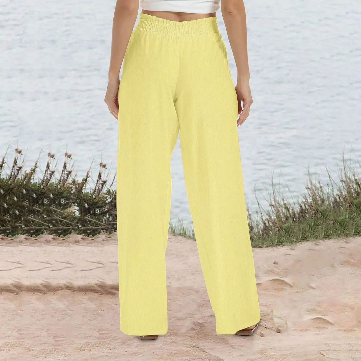 Womens Wide Leg Pants Casual Summer Cotton Linen Pants High Elastic Waist Palazzo Pants Flowy Lounge Beach Pants