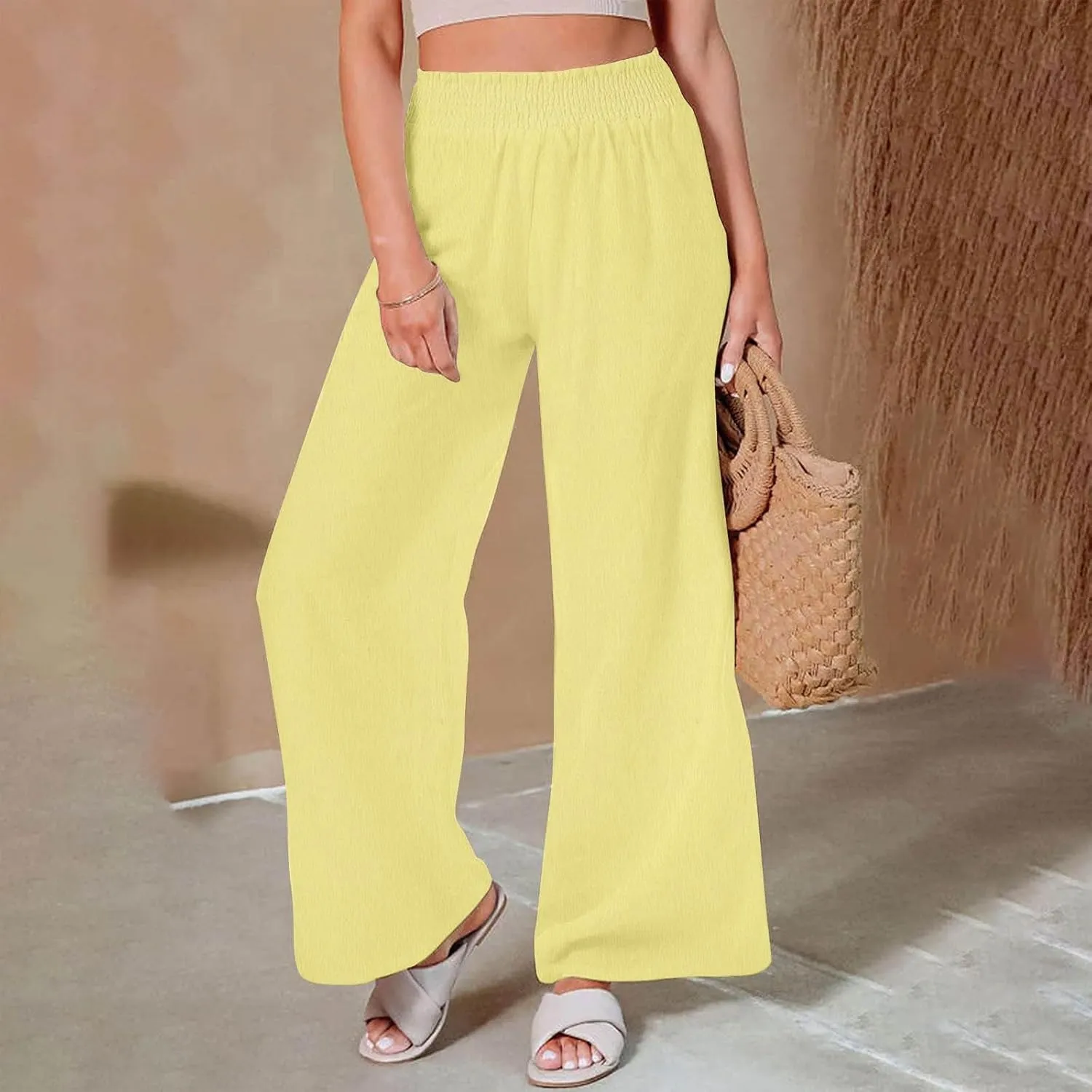 Womens Wide Leg Pants Casual Summer Cotton Linen Pants High Elastic Waist Palazzo Pants Flowy Lounge Beach Pants