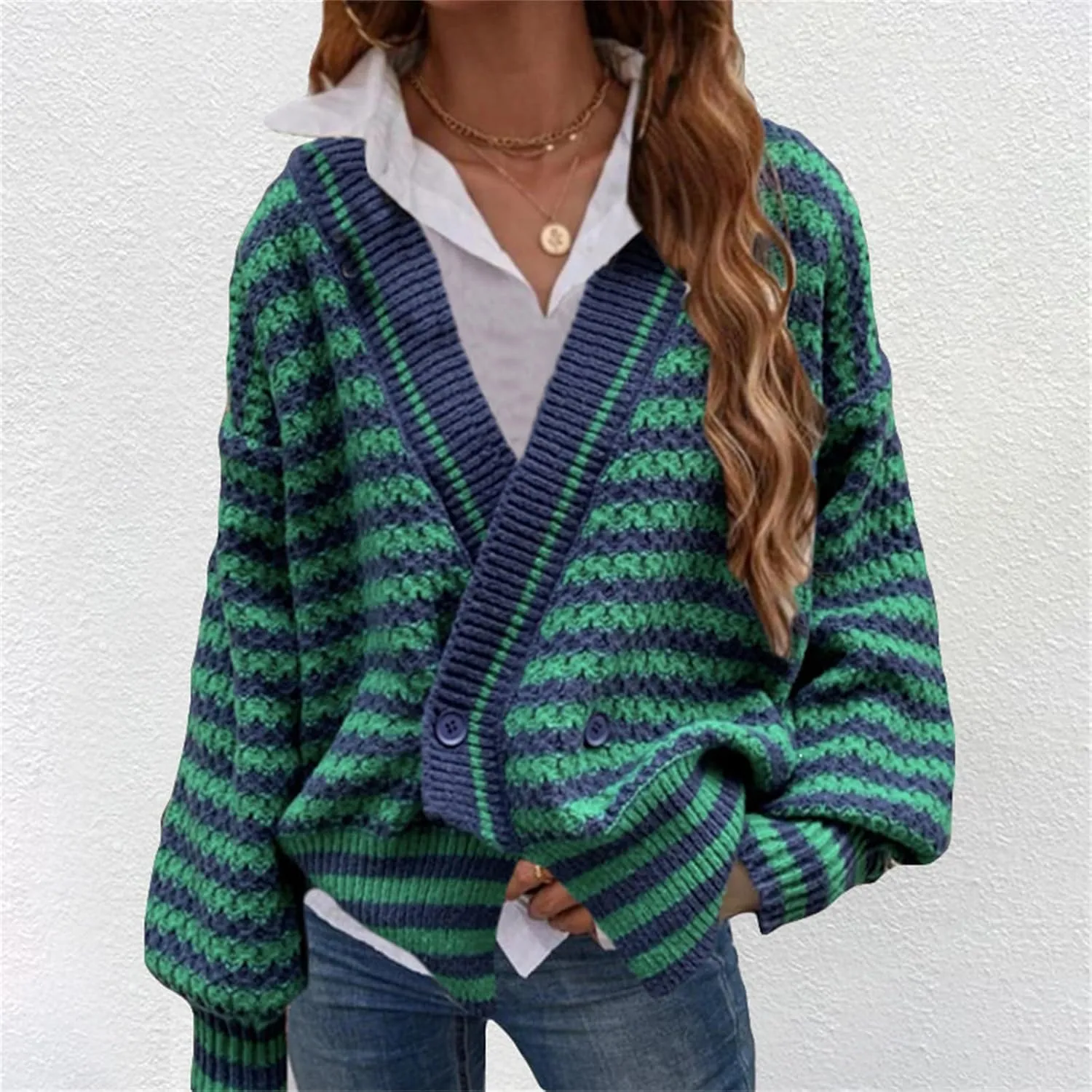 Womens Winter Casual Striped Long Sleeve Sweaters Oversized V Neck Button Down Sweater Top Drop Shoulder Outerwear