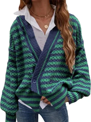 Womens Winter Casual Striped Long Sleeve Sweaters Oversized V Neck Button Down Sweater Top Drop Shoulder Outerwear