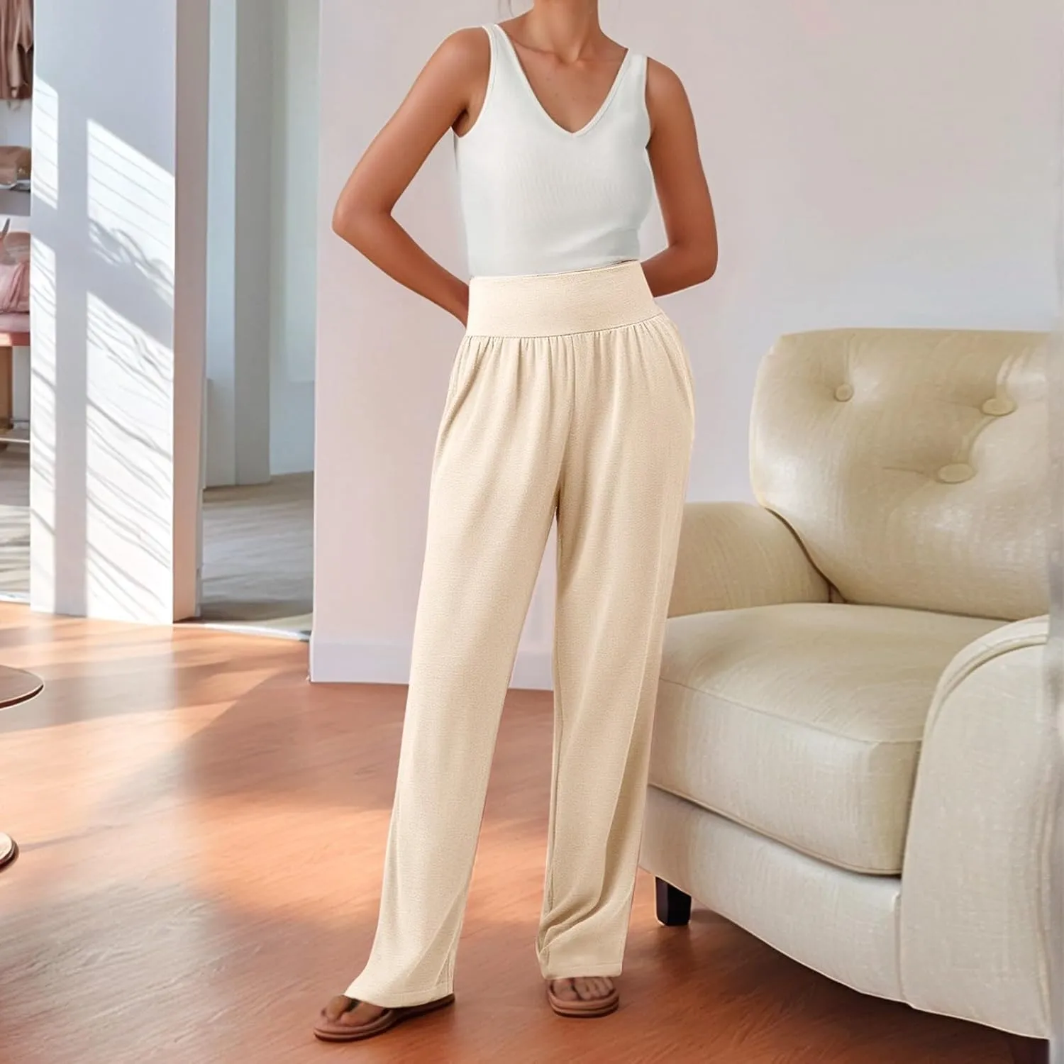 Women's Yoga Jogging Long Pants Casual Wide Straight Leg Loose Fit Bottoms High Waisted Elastic Athletic Workout Trousers