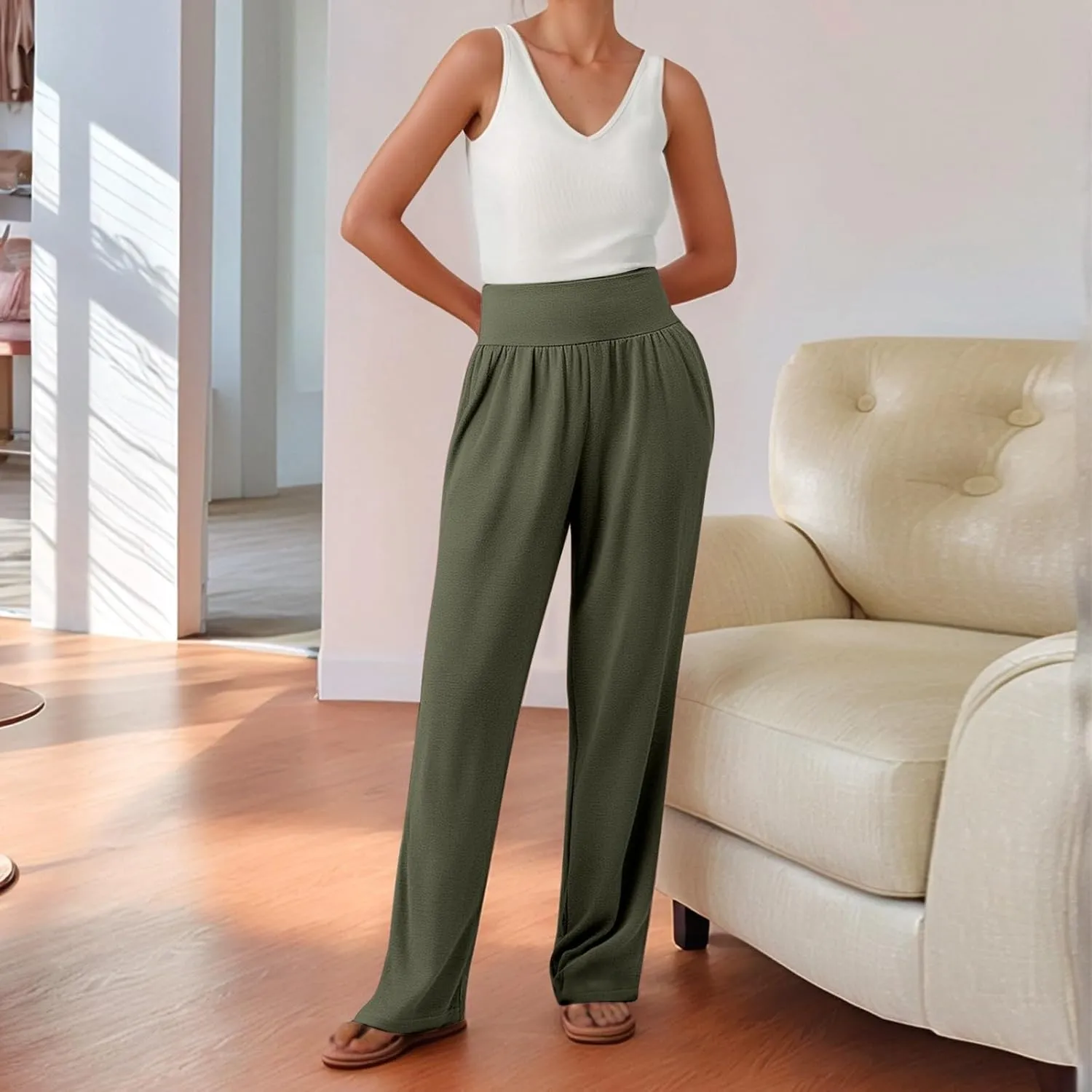 Women's Yoga Jogging Long Pants Casual Wide Straight Leg Loose Fit Bottoms High Waisted Elastic Athletic Workout Trousers