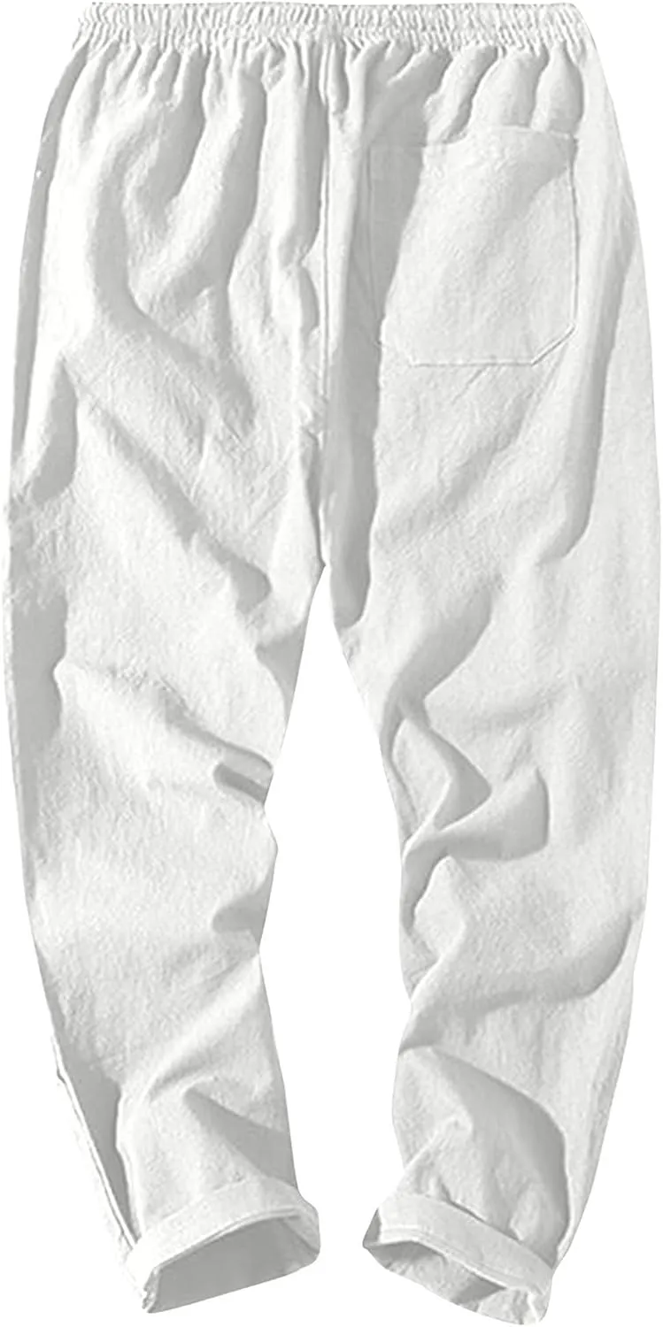 Work Pants for Men Lightweight Elastic Waist Cotton Linen Pants Cropped Baggy Casual Comfy Lounge Pants with Pockets
