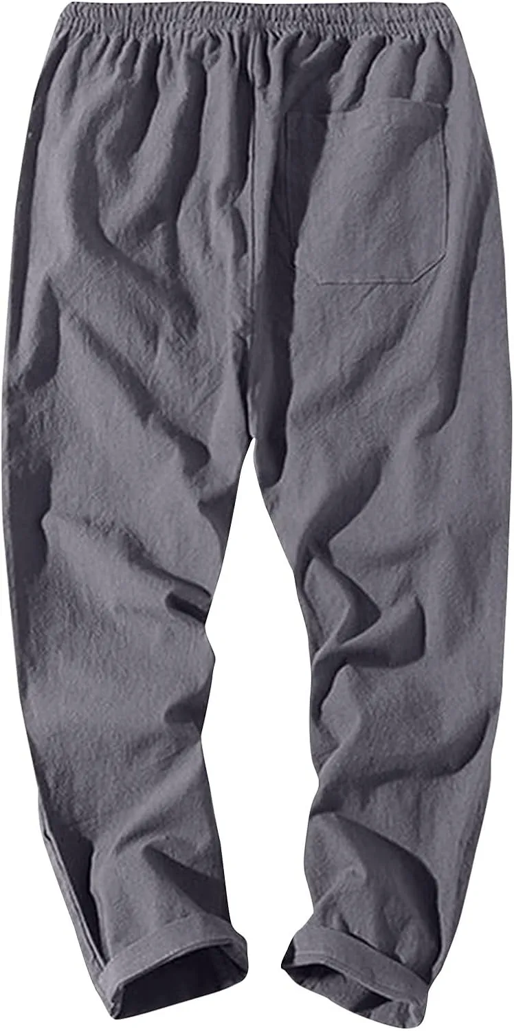 Work Pants for Men Lightweight Elastic Waist Cotton Linen Pants Cropped Baggy Casual Comfy Lounge Pants with Pockets