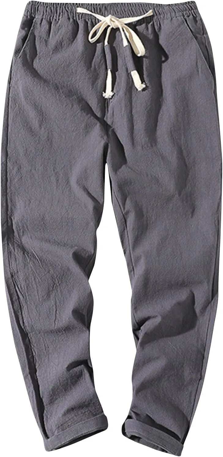 Work Pants for Men Lightweight Elastic Waist Cotton Linen Pants Cropped Baggy Casual Comfy Lounge Pants with Pockets