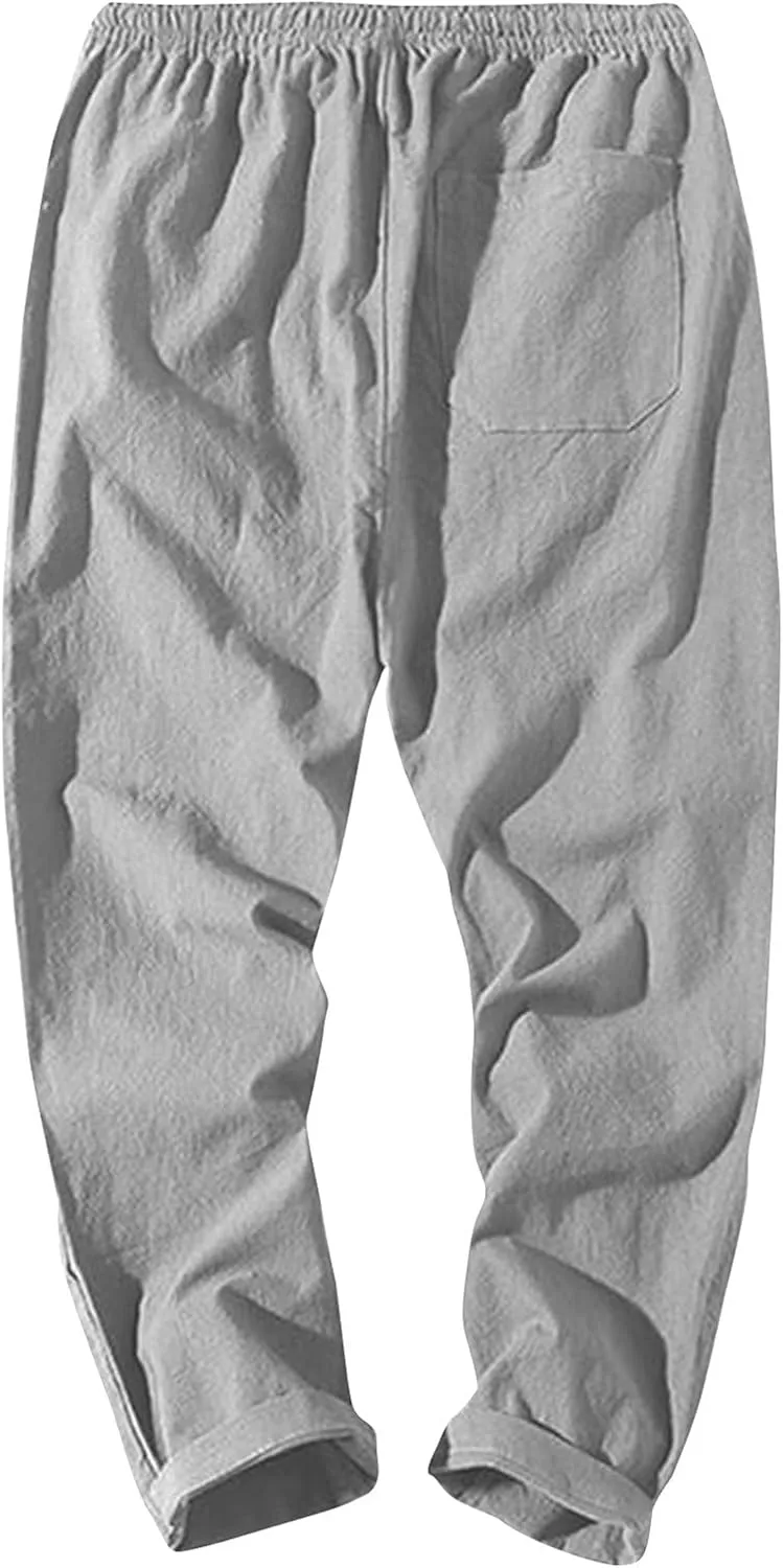 Work Pants for Men Lightweight Elastic Waist Cotton Linen Pants Cropped Baggy Casual Comfy Lounge Pants with Pockets