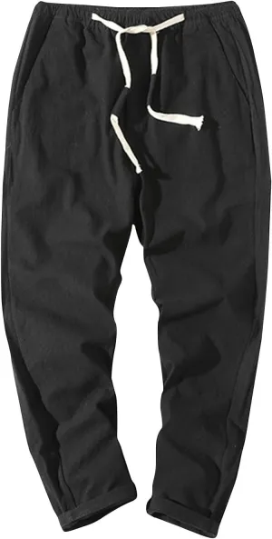 Work Pants for Men Lightweight Elastic Waist Cotton Linen Pants Cropped Baggy Casual Comfy Lounge Pants with Pockets