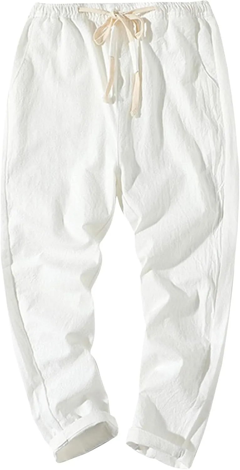 Work Pants for Men Lightweight Elastic Waist Cotton Linen Pants Cropped Baggy Casual Comfy Lounge Pants with Pockets