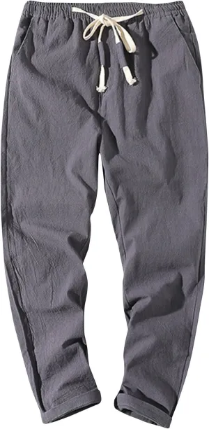 Work Pants for Men Lightweight Elastic Waist Cotton Linen Pants Cropped Baggy Casual Comfy Lounge Pants with Pockets