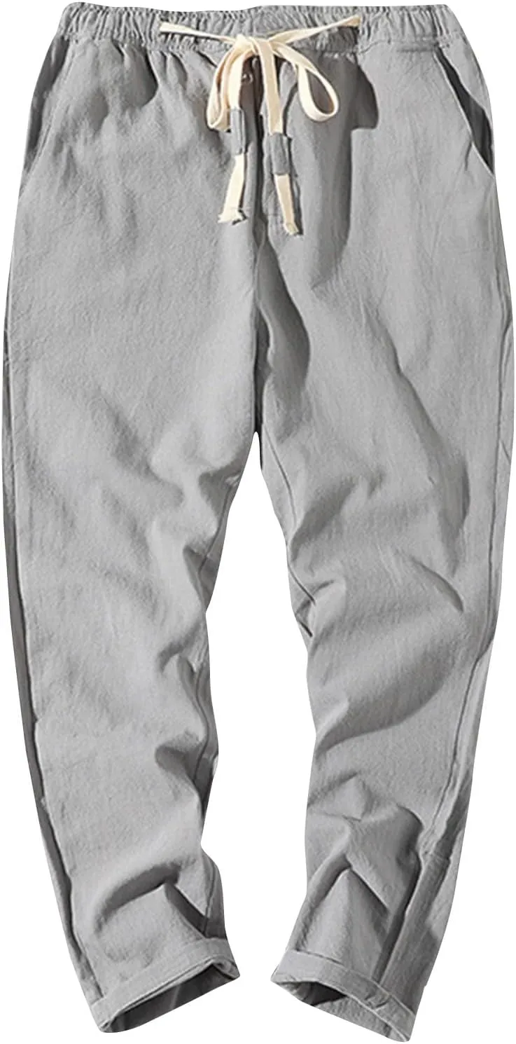 Work Pants for Men Lightweight Elastic Waist Cotton Linen Pants Cropped Baggy Casual Comfy Lounge Pants with Pockets