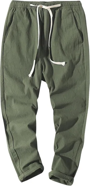 Work Pants for Men Lightweight Elastic Waist Cotton Linen Pants Cropped Baggy Casual Comfy Lounge Pants with Pockets